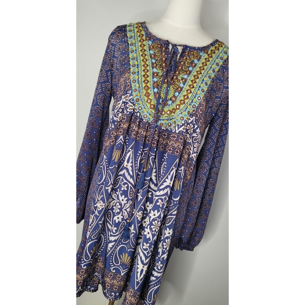 Raga Anthropologie Embroidered Boho Dress S Blue Paisley Festival Peasant Tunic